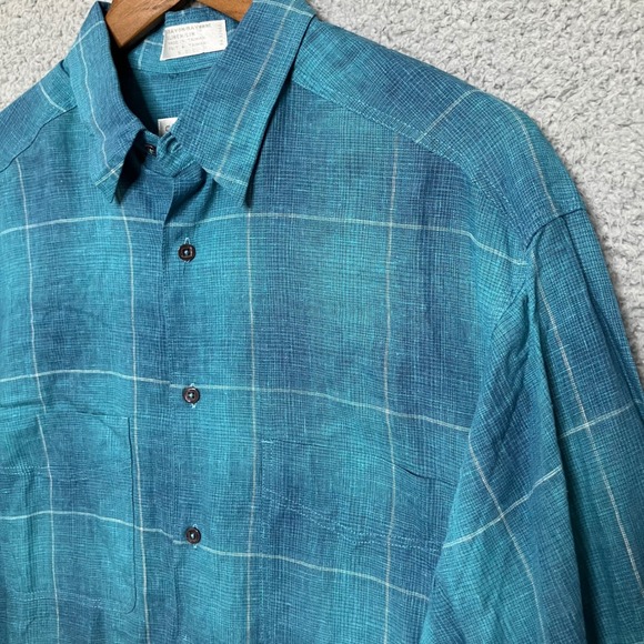 Vtg Claiborne Button Down Shirt Men M Teal Blue Plaid Linen Blend Breathable 90s - Picture 5 of 7